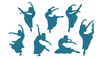 Fototapeta premium Seven blue silhouettes of dancers executing various ballet movements in an elegant display of grace and artistry