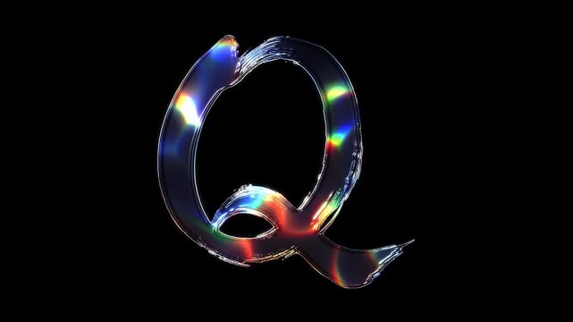 A brush-painted capital letter "Q" shimmering with various colored lights on a glass-like surface with an alpha channel. Seamless loop video.