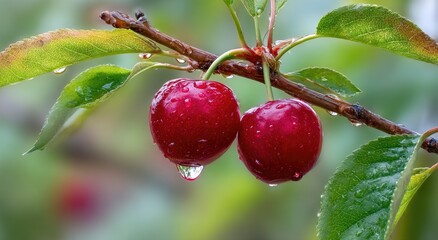 Obraz premium Ripe cherries with water droplets hanging from a branch