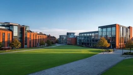 Modern brick and glass buildings surround a large, manicured lawn under a clear sky