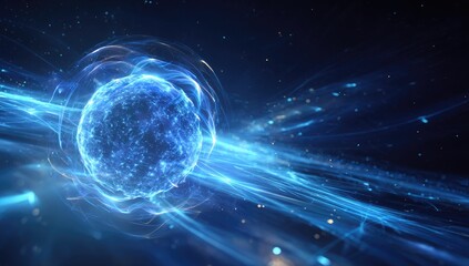 Obraz premium Luminous blue celestial body with energetic light streams in deep space
