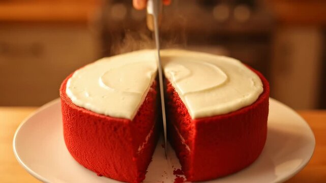 Close up of a knife cutting into a freshly baked, steaming red velvet cake with white cream cheese frosting on a wooden table
