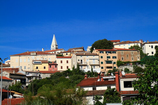 Mediterranean Coastal Town Harbor With Yachts And Colorful Hilltop Village, Vrsar, Croatia