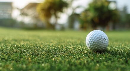 Obraz premium A dimpled golf ball rests on lush green grass, with soft sunlight illuminating the scene