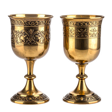 Two ornate golden metal goblets featuring intricate embossed patterns displayed isolated on transparent background. PNG die-cut for advertising
