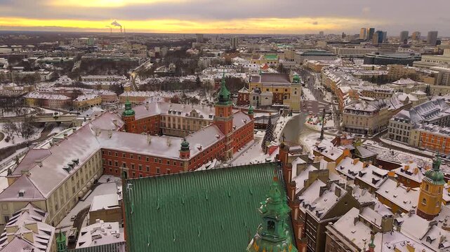 Aerial view of a picturesque aerial establishing shot of the royal castle, Warsaw, mazowieckie, Poland.