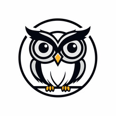 Naklejka premium A cute brown cartoon owl character with wise eyes and feathers perched on a branch and isolated on a white background as a wild nature vector illustration