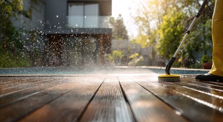 Fototapeta premium Cleaning a wooden deck near a pool with high-pressure water spray