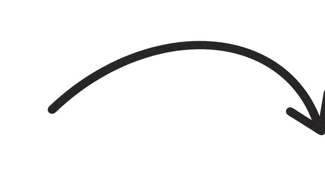 Black hand drawn curved down arrow arc with thin stroke