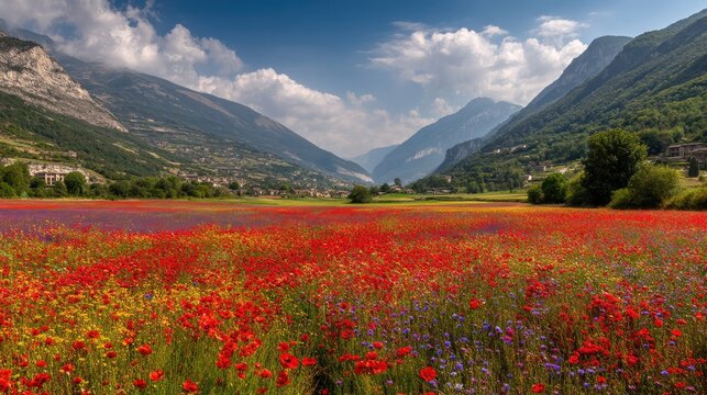 Vibrant Wildflower Meadow in Mountain Valley with Rolling Hills and Bright Red Poppies Under a Scenic Blue Sky
