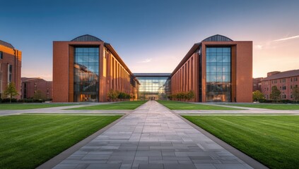 Modern brick academic building with glass walkway and manicured lawns