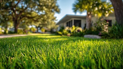 Lush green grass in foreground, blurred house and trees in background