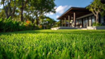 Lush green lawn in foreground, modern house with large windows in background