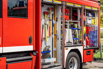 Fire truck equipment, red truck of firefighters in Europe