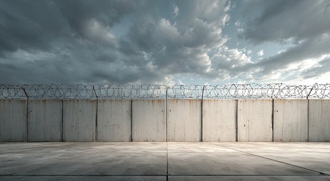 A formidable concrete barrier topped with barbed wire under a dramatic, stormy sky