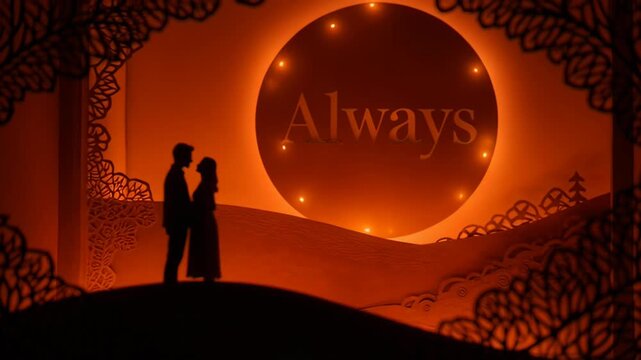 Romantic silhouette of a couple in love in a layered paper cut out style landscape against a warm glowing orange sunset.