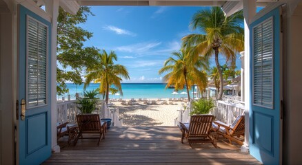 Fototapeta premium Open doors reveal tropical beach, palm trees, lounge chairs, and ocean