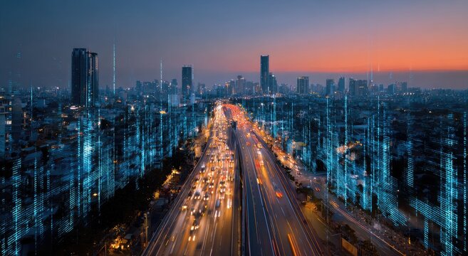 Futuristic city skyline with digital data streams overlaying busy highway traffic