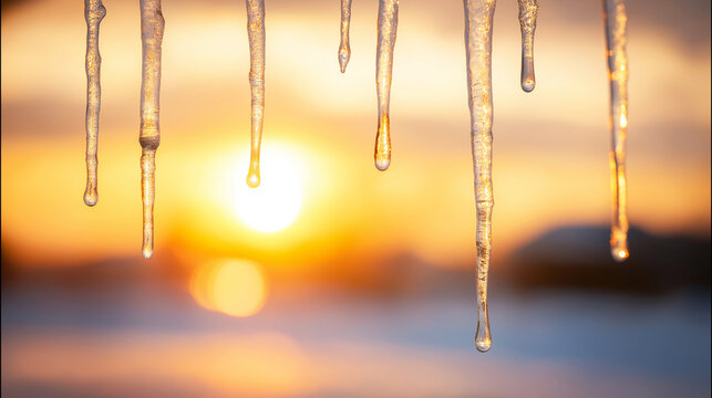 Icicles melting in warm light, creating water droplets against a blurred golden sunset, signaling seasonal change