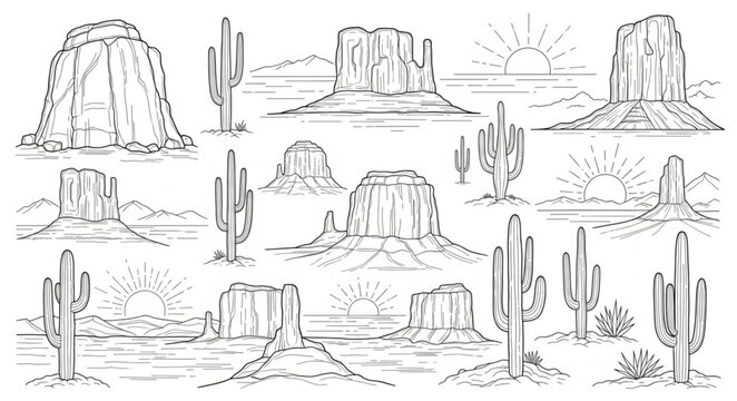 Desert landscape with mountains and cactuses.