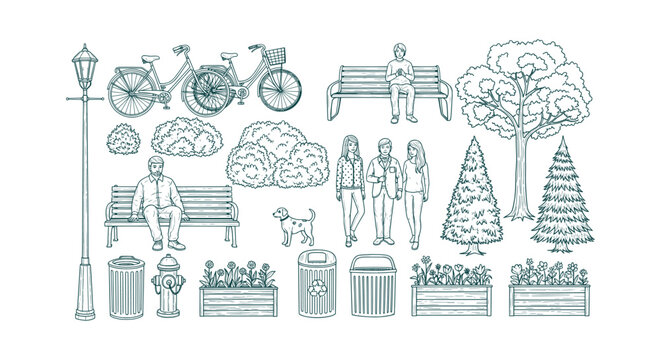 Hand-drawn urban park elements set with trees, benches, bicycles, people, and street furniture.