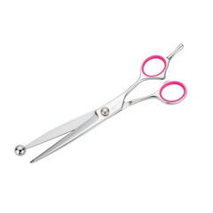 Obraz premium Professional curved pet grooming scissors with pink finger inserts PNG