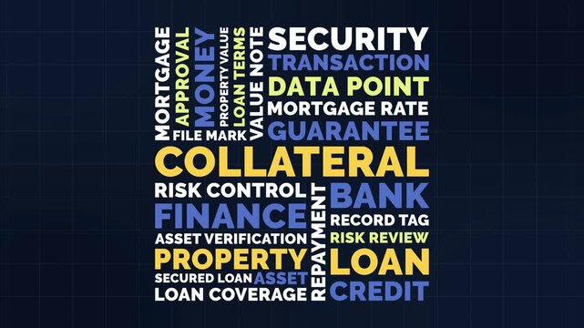 Collateral Word Cloud Design for Loan Terms, Property Value, Loan Coverage, Loan Approval, Asset Verification. Collateral Mortgage Transaction Style