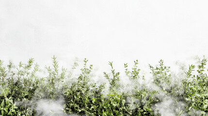 Fresh green herbs are shrouded in a soft white mist, creating a dreamy and ethereal atmosphere against a bright, clean background in a visually stunning display. © MasTPX