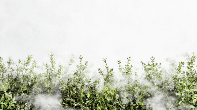 Fresh green herbs are shrouded in a soft white mist, creating a dreamy and ethereal atmosphere against a bright, clean background in a visually stunning display.