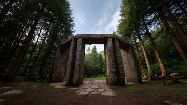 Wide angle view of an ancient stone structure a dolmen like monument nestled within a dense sun d d forest