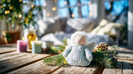 Naklejka premium Handcrafted wool angel figurine sitting on a rustic wooden table with pine branches, symbolizing peace and holiday spirit