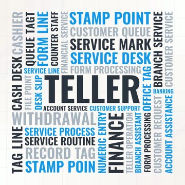 Teller Word Cloud Design for Account Service, Withdrawal, Banking Service, Teller Operations, Form Processing. Teller Finance Style