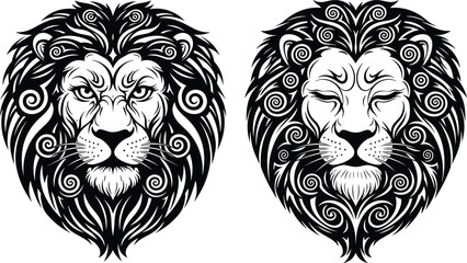 Ornamental lion head illustration with decorative tribal mane patterns powerful wildlife emblem design for tattoo art, mascot logo and vintage animal symbol © Amit World