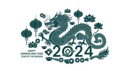 Happy Chinese New Year 2024 Year of the Dragon Vector Illustration with Lanterns and Lotus Flowers
