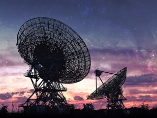 Two large satellite dishes silhouetted against a colorful sunset sky with stars