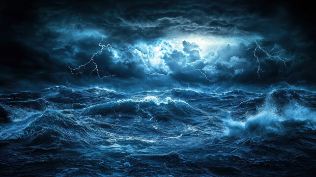 A dramatic seascape features a stormy ocean with powerful waves under a dark, clouded sky illuminated by flashes of lightning du a powerful thunderstorm.