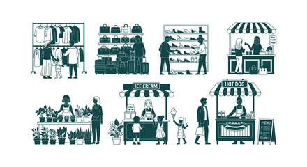Set of vector illustrations of people shopping at street market stalls, clothing stores, and food stands © Salma