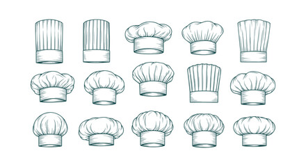 Set of hand drawn chef hat toques sketches for restaurant menu and bakery design vector illustration