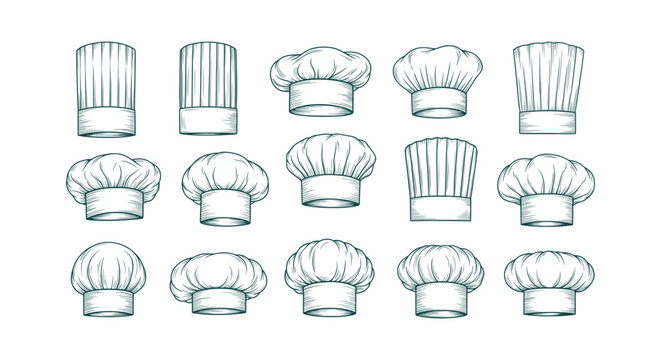 Set of hand drawn chef hat toques sketches for restaurant menu and bakery design vector illustration