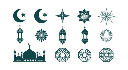 Islamic Ramadan Kareem Vector Icon Set with Mosque Lanterns Crescent Moons and Star Ornaments © Salma