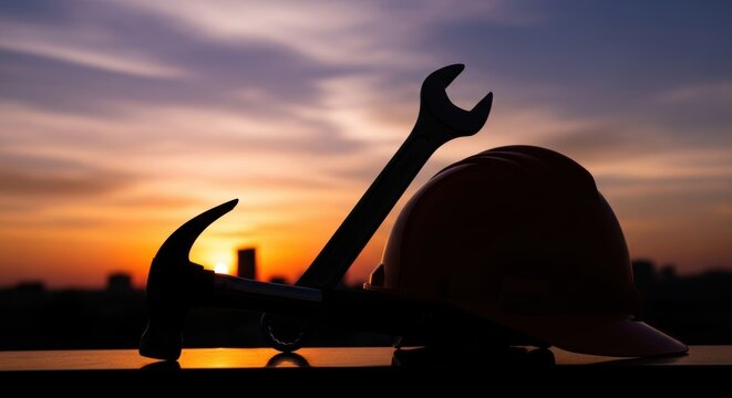 Silhouette of a construction worker's hard hat, hammer, and wrench against a vibrant orange and purple sunset sky, symbolizing labor, industry, and building success