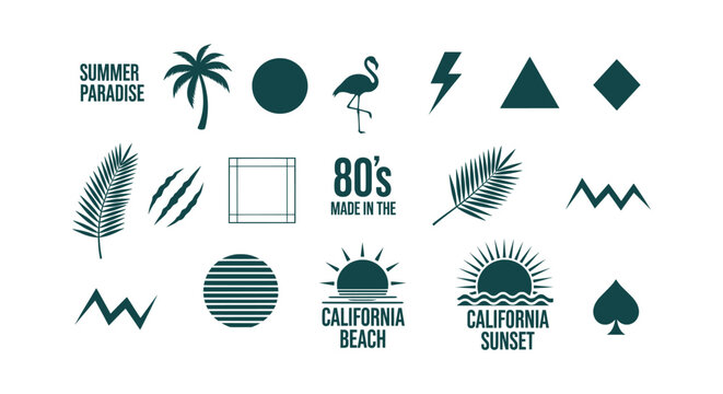 80s Retro Summer Graphic Elements Collection with Palm Tree Flamingo Sun and California Beach Icons