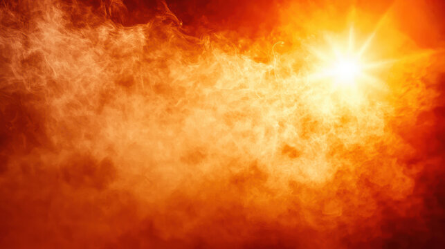 Fiery orange background with bright light shining through smoke creating a dramatic and intense atmosphere perfect for conveying power and energy and warmth.