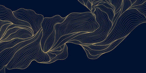 Naklejka premium Luxury gold floral line pattern, elegant flowers and leaves, dark background. Vector illustration, Japanese and Chinese ornament with Art Deco style, organic wave shape.