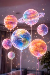 Naklejka premium Floating holographic balloons shaped like planets