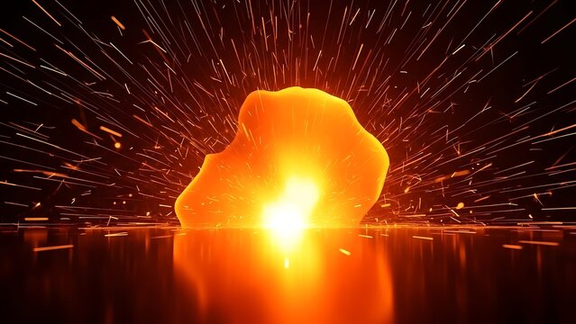 Molten metal explosion with sparks on reflective surface fire