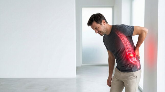 Man experiencing severe lower back pain, highlighted by red spine. Concept of chronic disc injury, lumbar problems, or slipped vertebra.