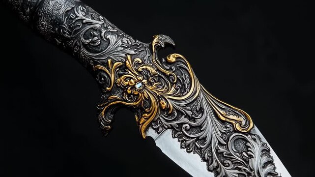Stylized dagger featuring an elaborate, Stylized dagger with an ornate handle and intricate designs along the blade