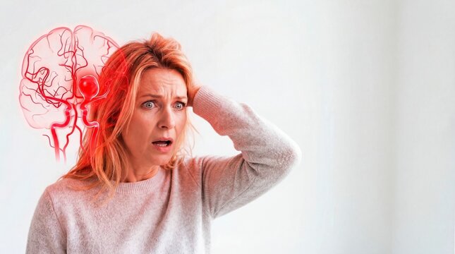 Woman with red brain aneurysm illustration above head. Concept of stroke, cerebrovascular disease, or brain injury. Healthcare awareness and medical information.