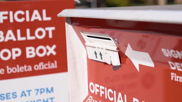 Detailed view of an official ballot drop box and election sign, emphasizing secure ballot collection, voter access, and the mail voting process.